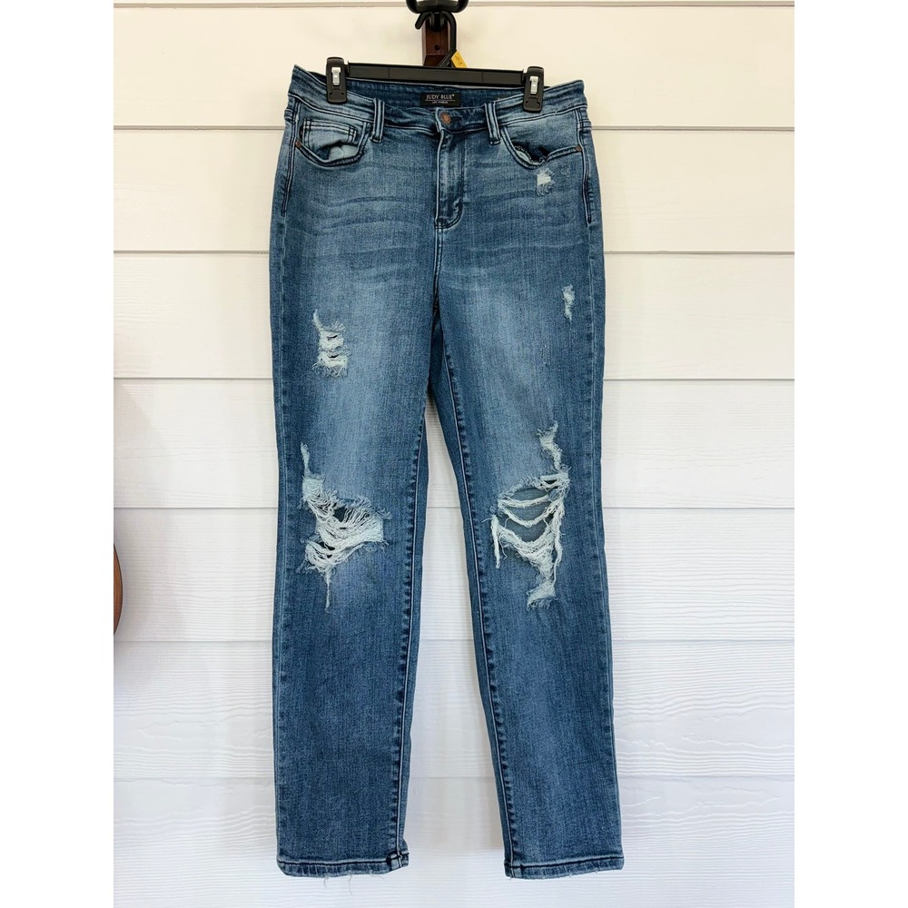 D- 64- Judy Blue Boyfriend Fit Distressed Jeans Medium Wash Size 9/29